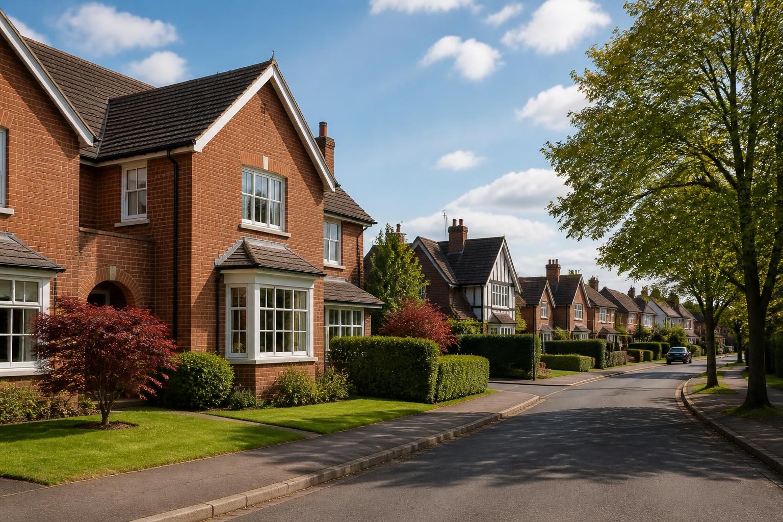 Tidy Derby neighborhood with manicured lawns and calm streets.