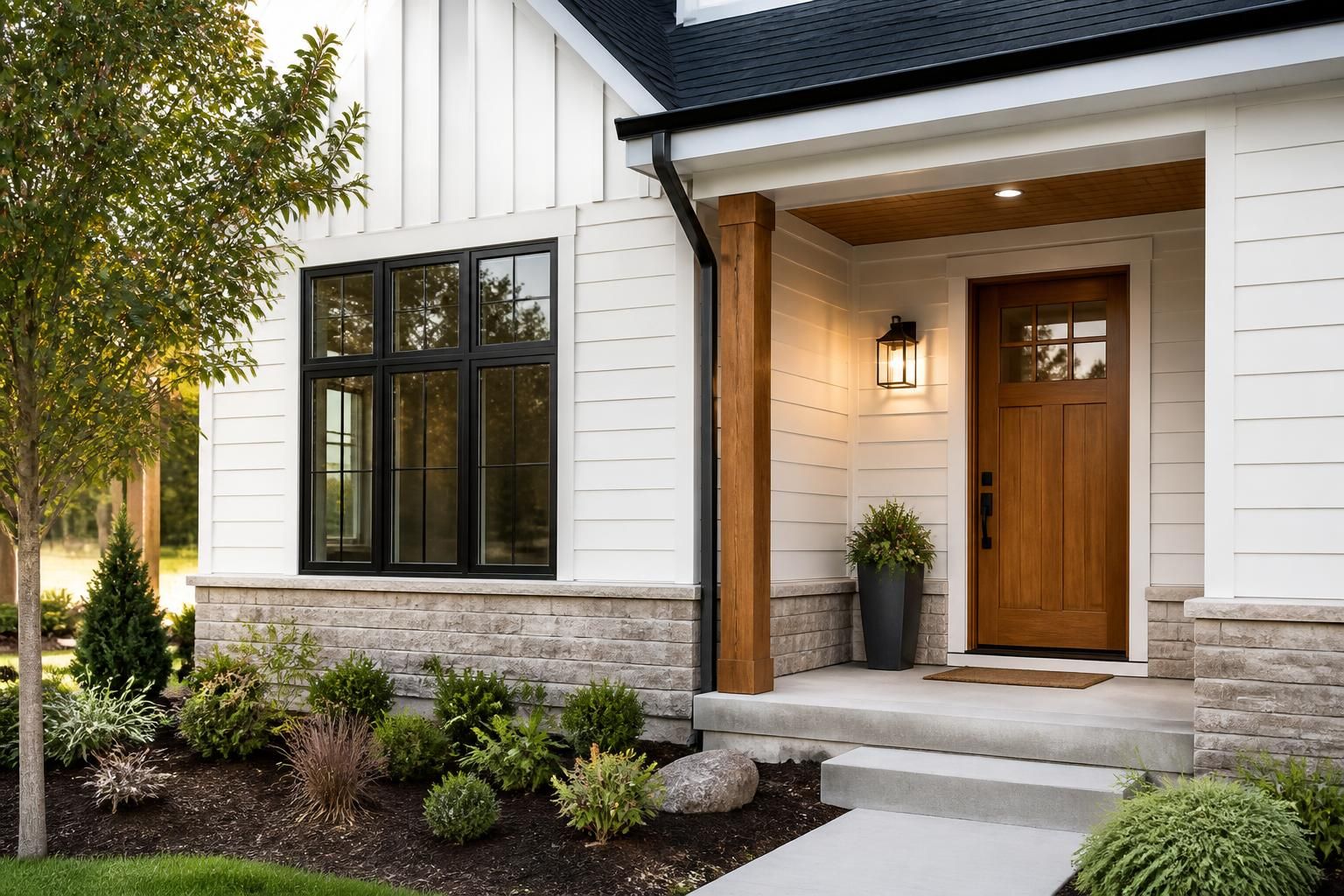 Renovated home exterior with updated siding and entry details.