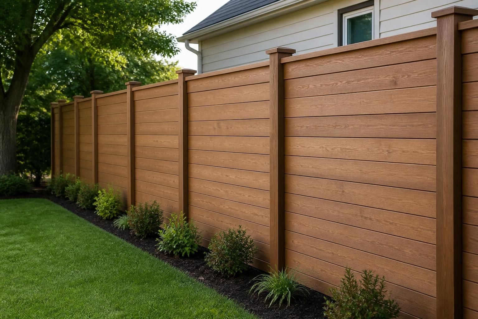 Newly installed fence along a clean residential yard.