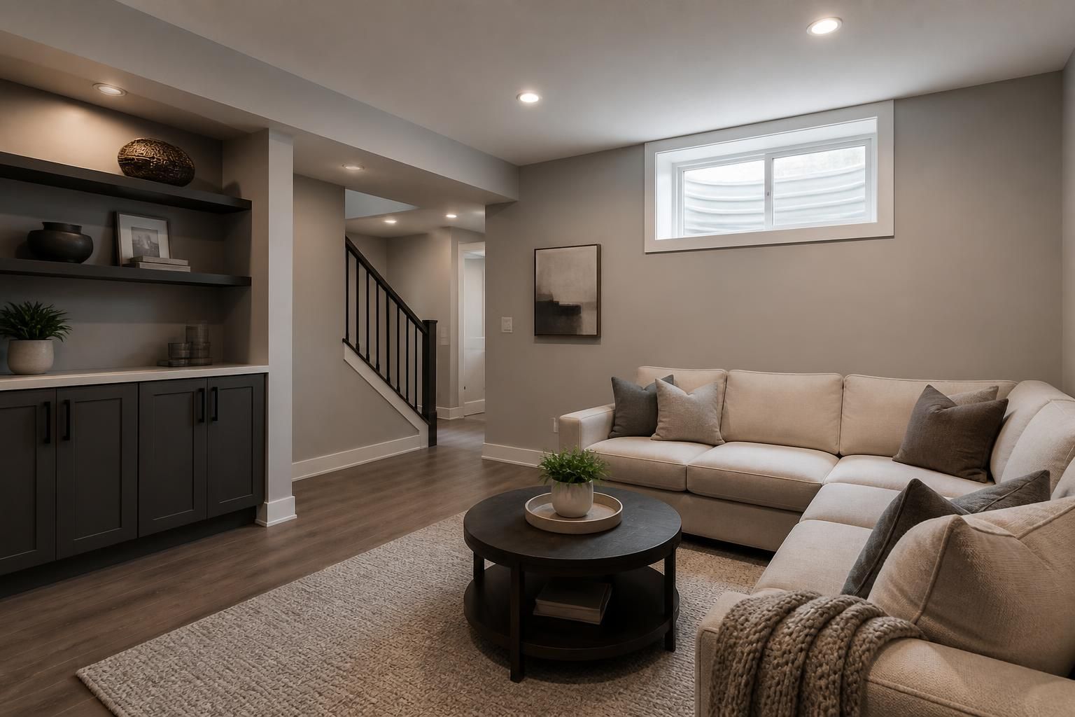 Finished basement space with warm lighting and clean built-in details.