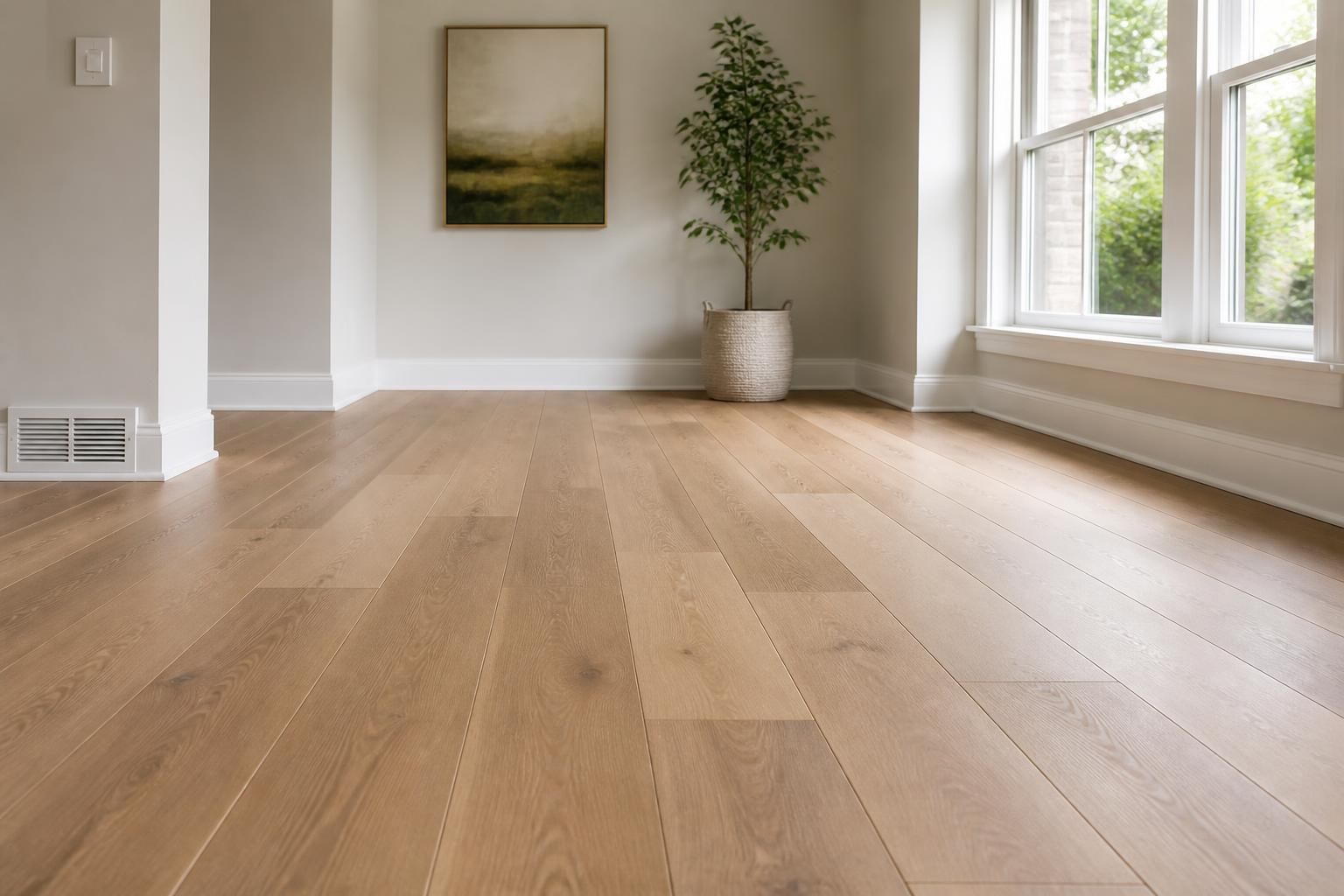 Pristine new flooring in a bright renovated room.