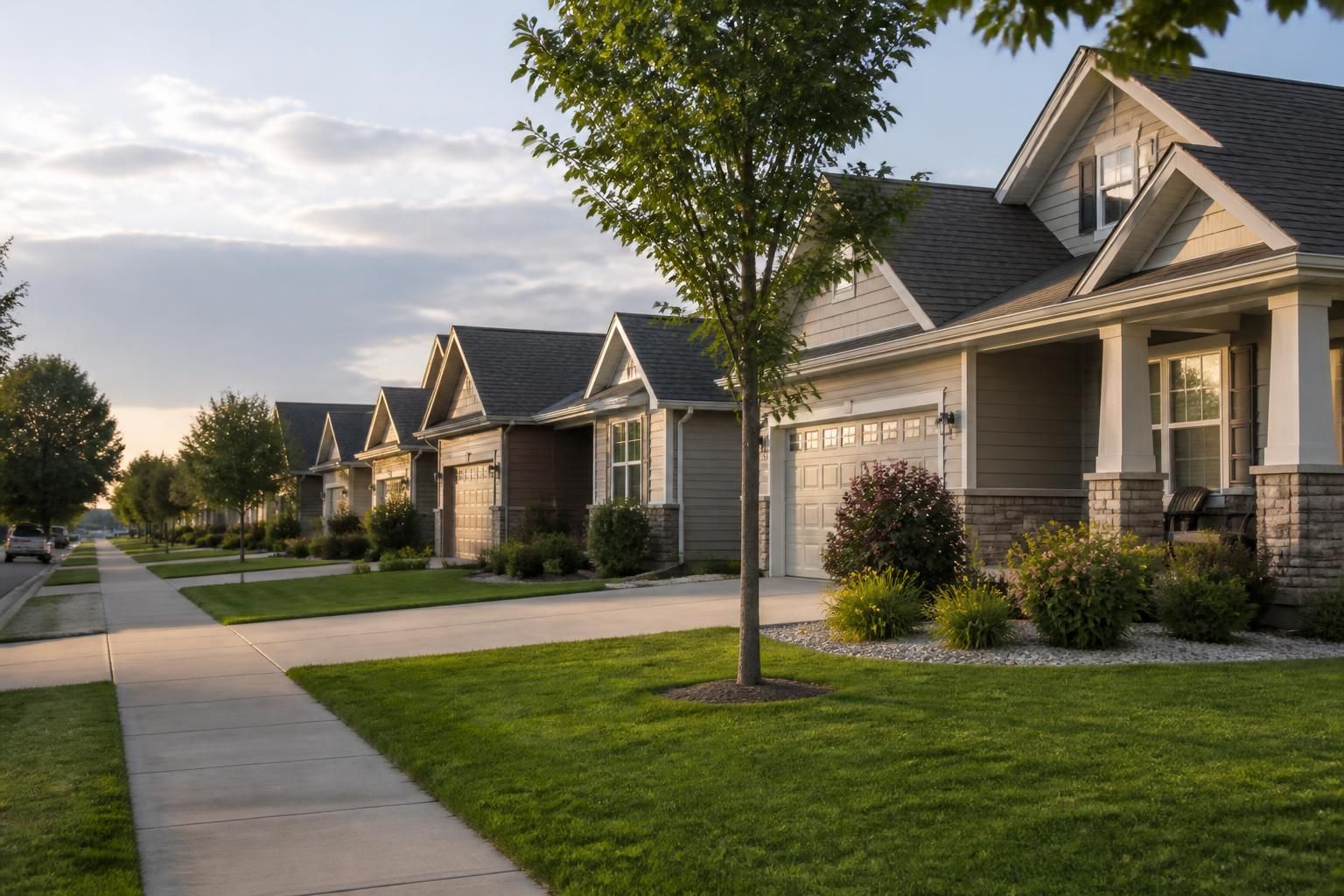 Well-kept Goddard neighborhood with neat driveways and soft light.