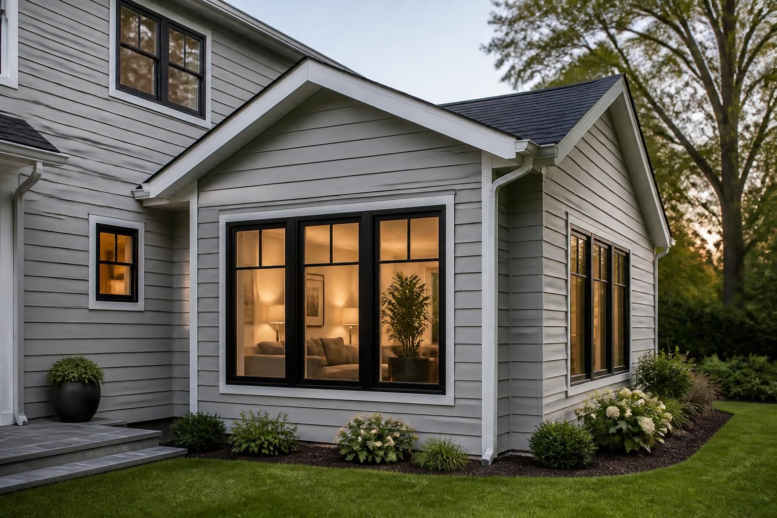 Seamless home addition exterior with matching siding and windows.