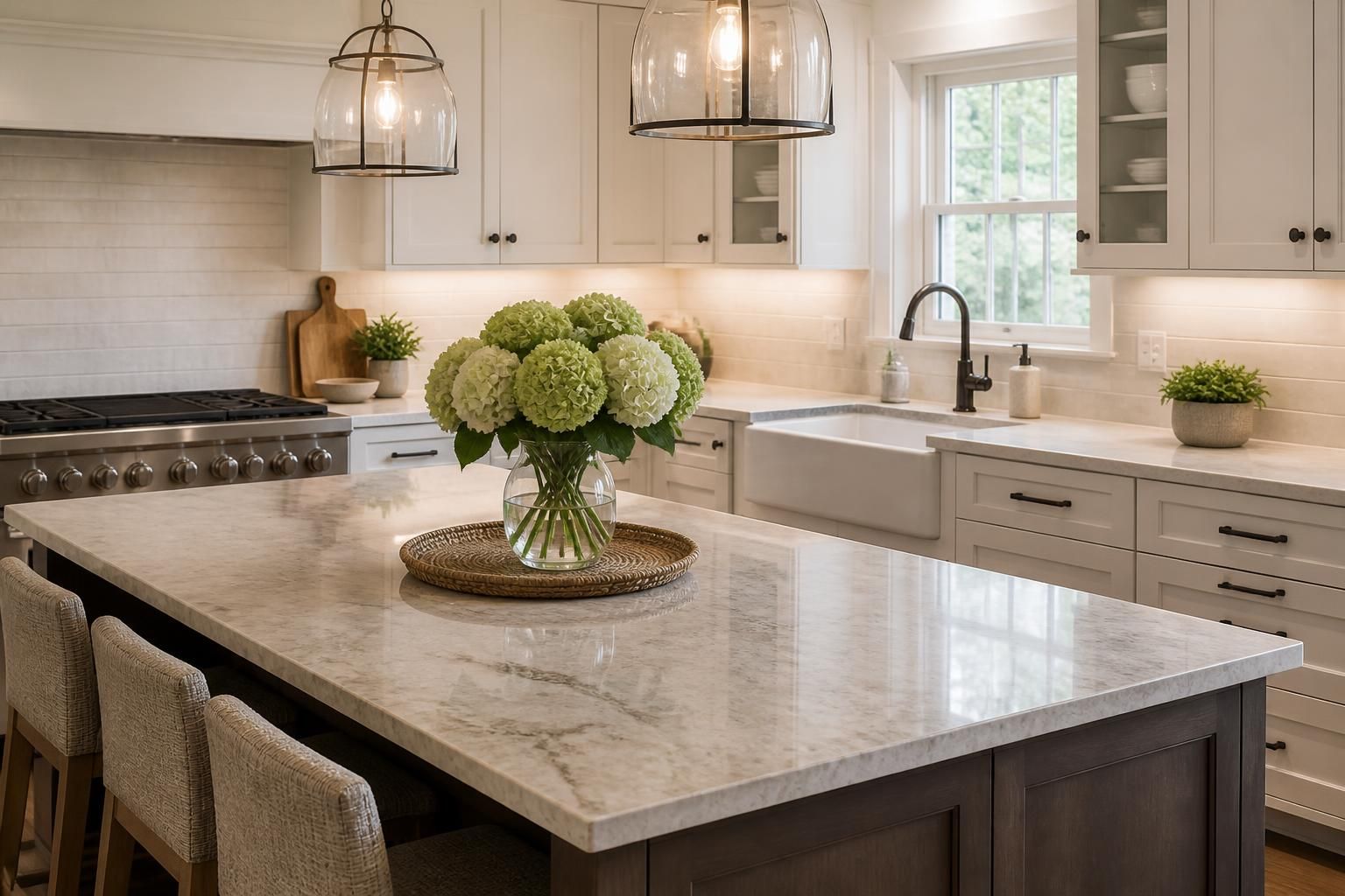 Updated kitchen with white cabinetry and stone countertops.
