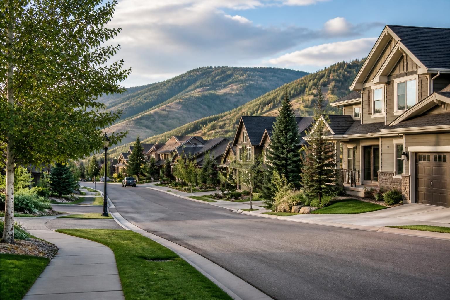 Peaceful Park City neighborhood with clean streets and well-kept houses.