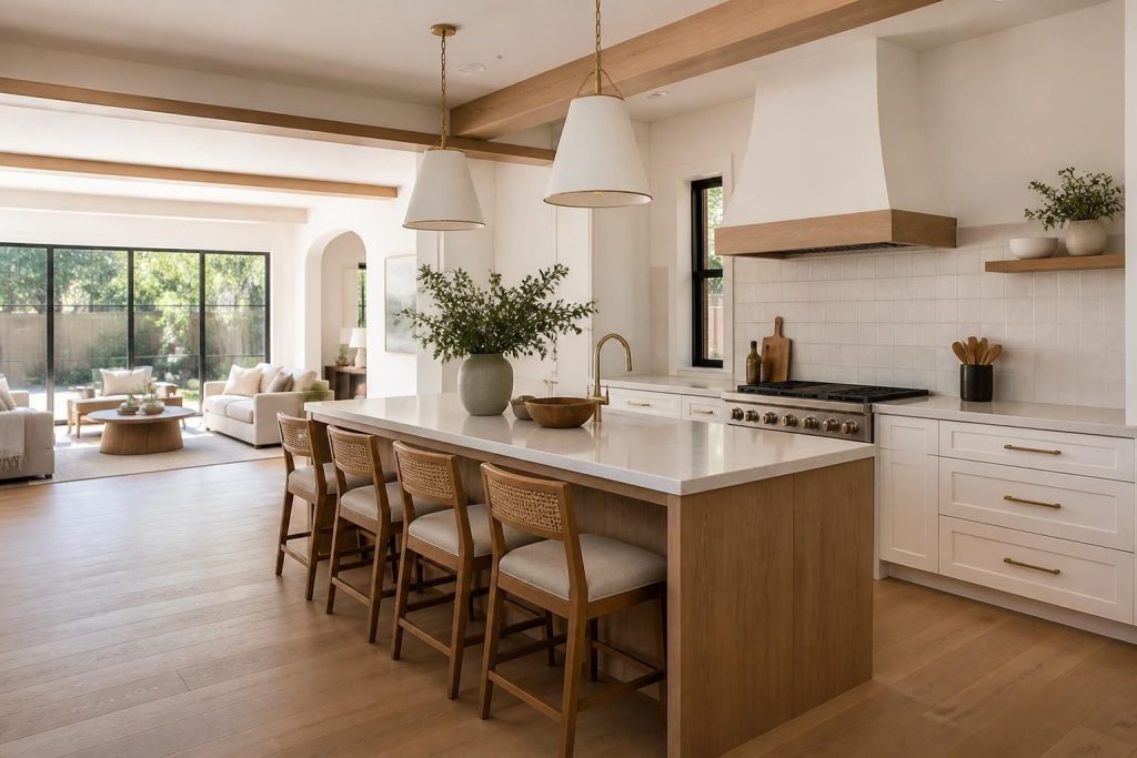 Bright open-concept renovated kitchen and living area with natural wood accents.