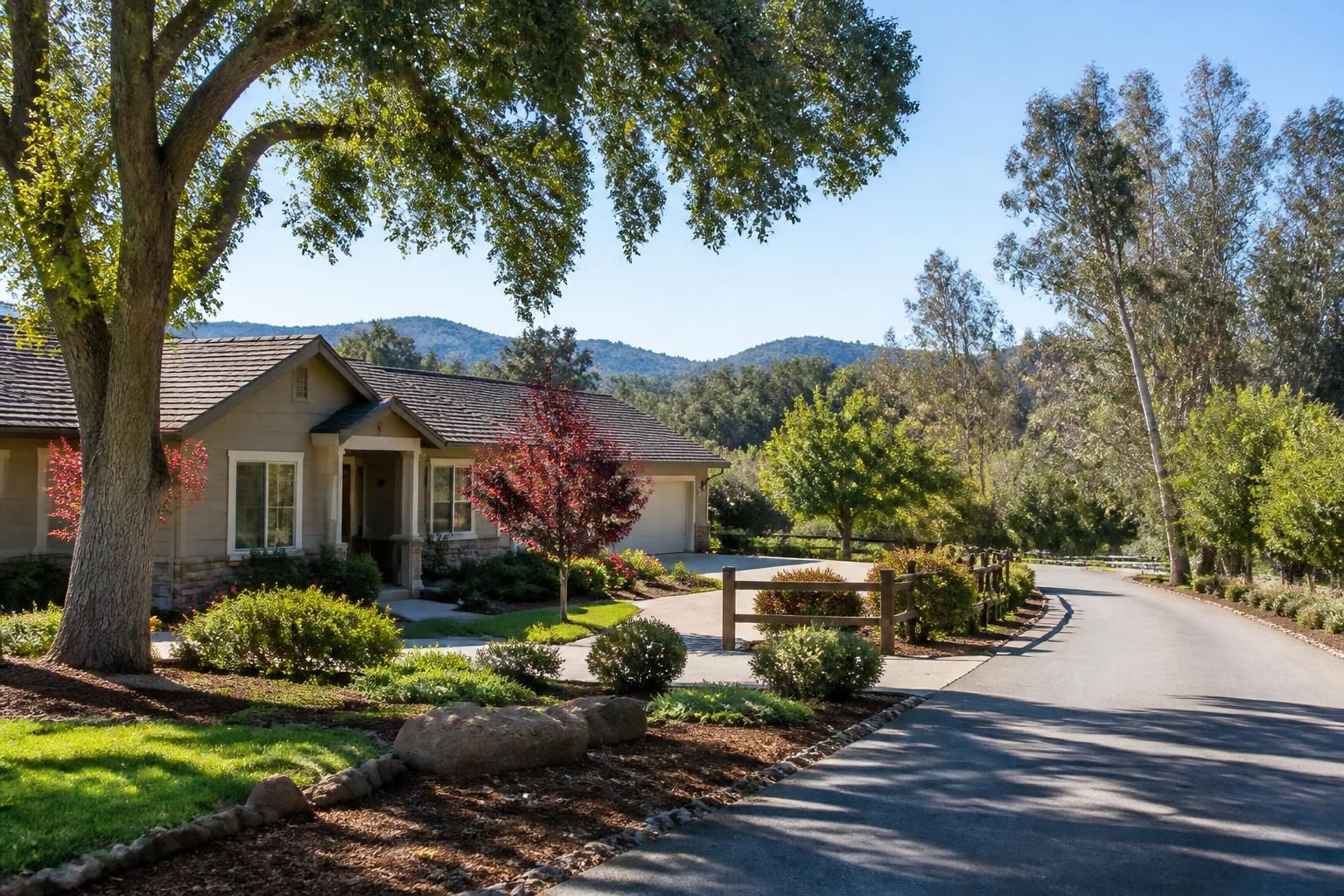 Peaceful Valley Center neighborhood with spacious lots and mature trees.